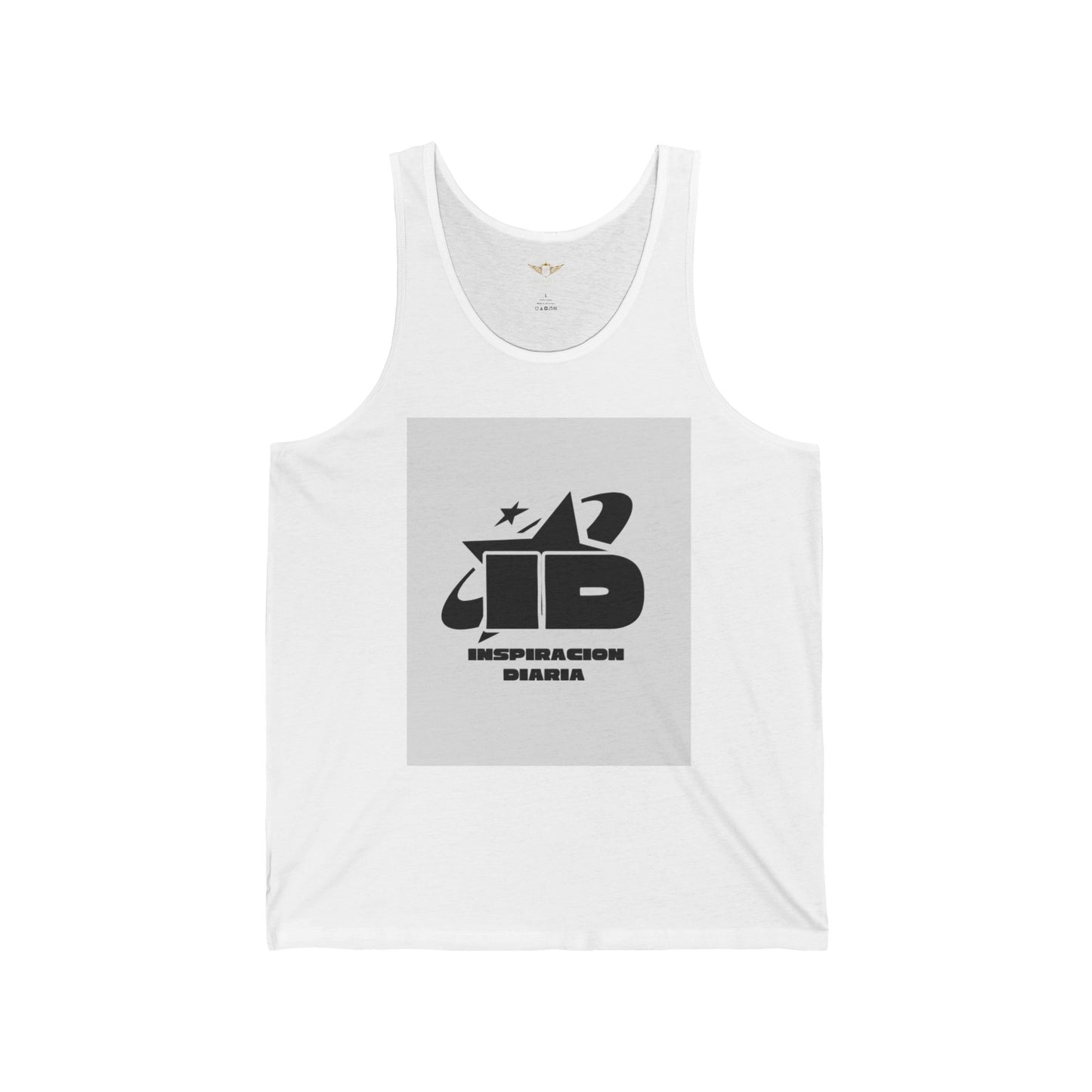 Tank Top: White Unisex Jersey with 'JD' Logo and Gold Star Design - Modern and Inspirational Casual or Sporty Style
