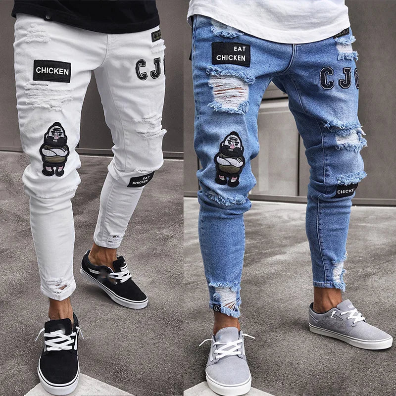 Jeans Rotos Punk para Hombre – Skinny Slim Fit con Parche y Estilo Urbano