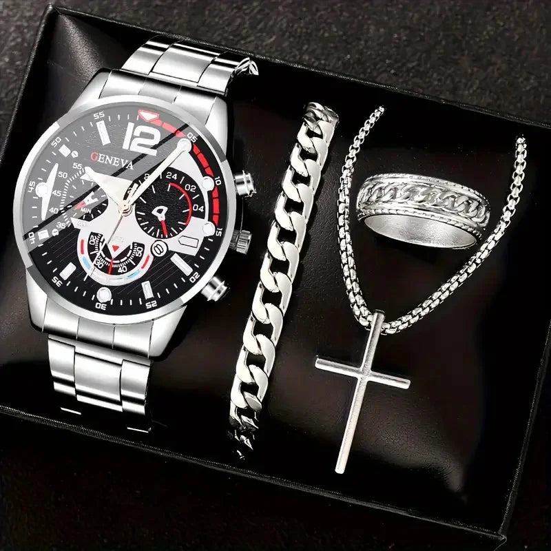 Set de Lujo 4 Piezas para Hombre – Reloj de Cuarzo Calendario + Pulsera + Collar con Cruz + Anillo