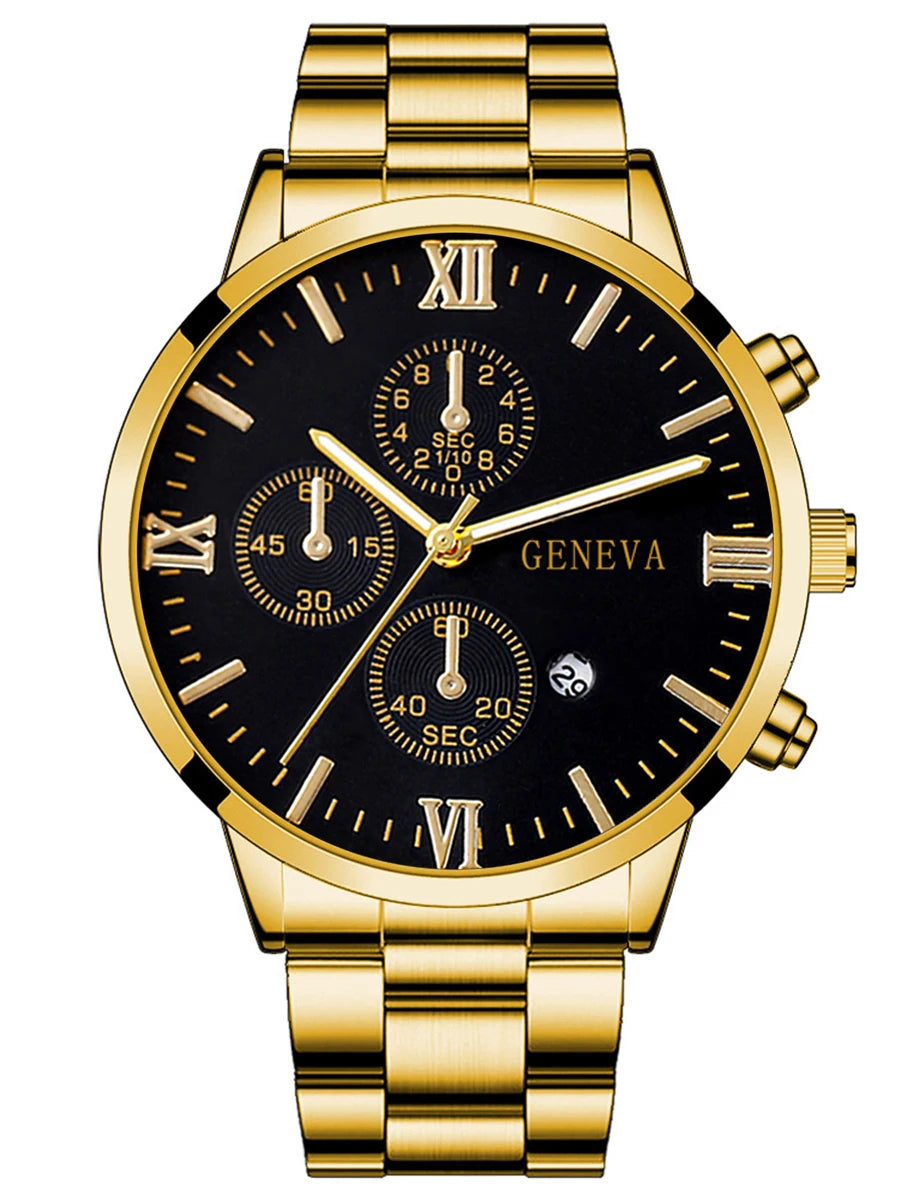 Set de Lujo 4 Piezas para Hombre – Reloj de Cuarzo Calendario + Pulsera + Collar con Cruz + Anillo