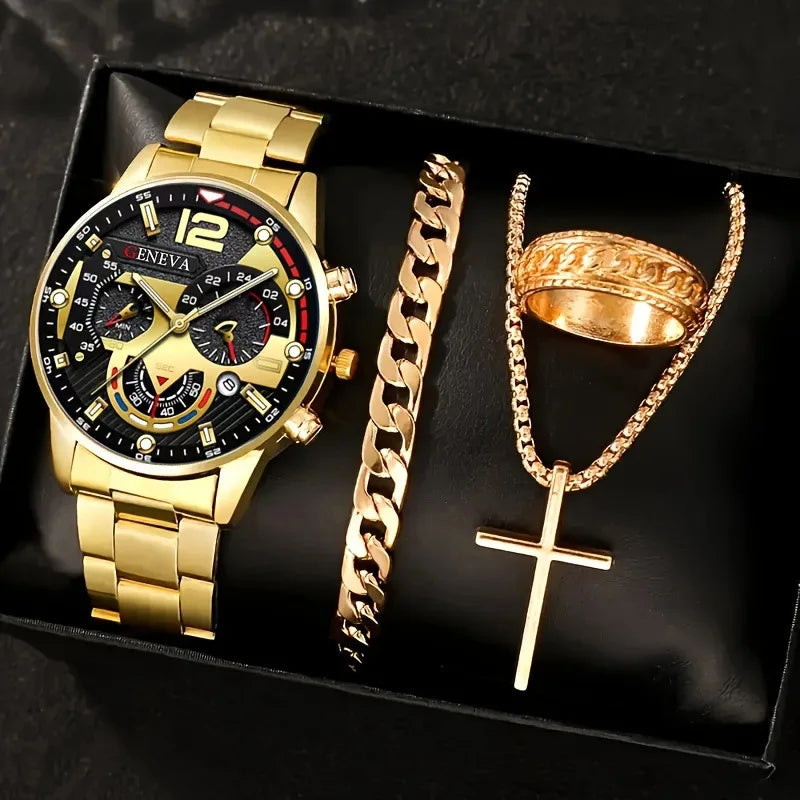 Set de Lujo 4 Piezas para Hombre – Reloj de Cuarzo Dorado + Pulsera + Collar con Cruz + Anillo