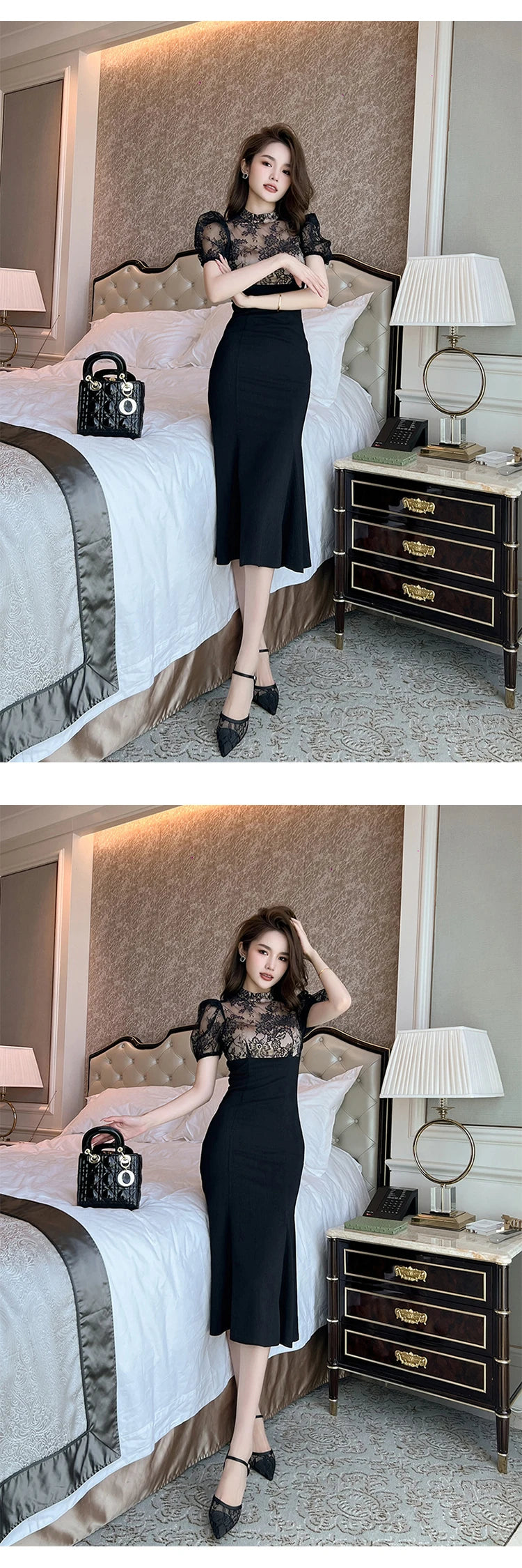 Vestido Largo Elegante para Mujer – Encaje Transparente y Corte Sirena