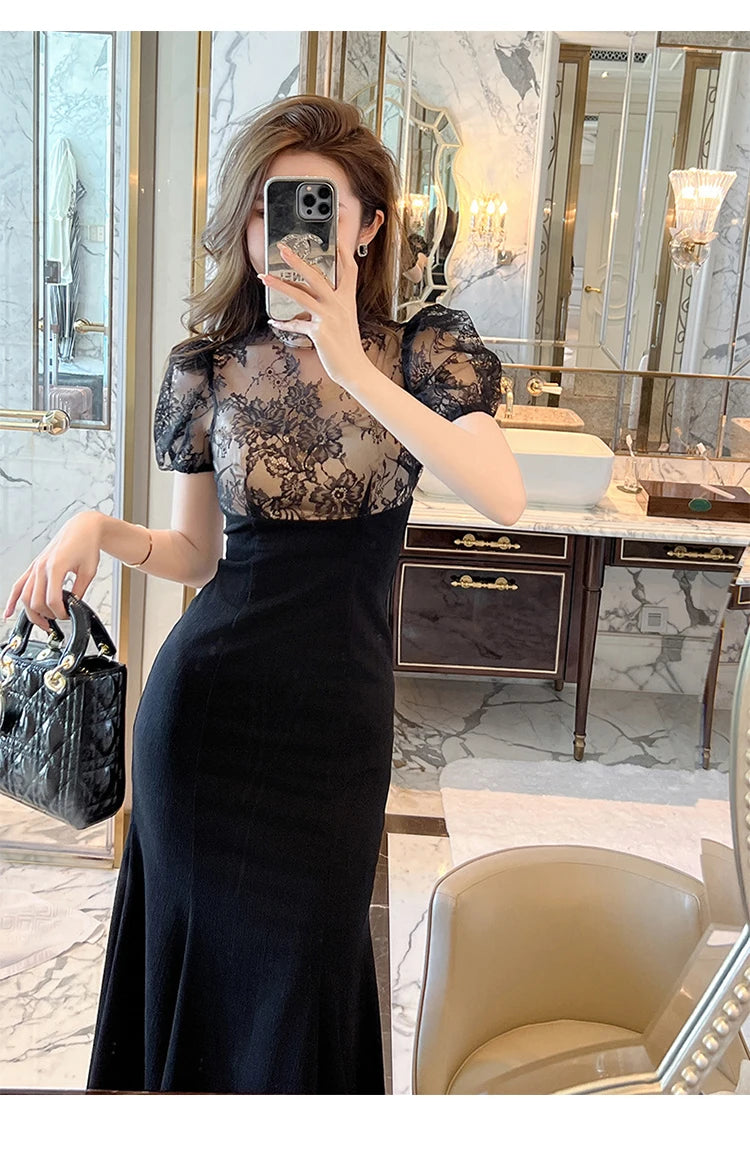 Vestido Largo Elegante para Mujer – Encaje Transparente y Corte Sirena