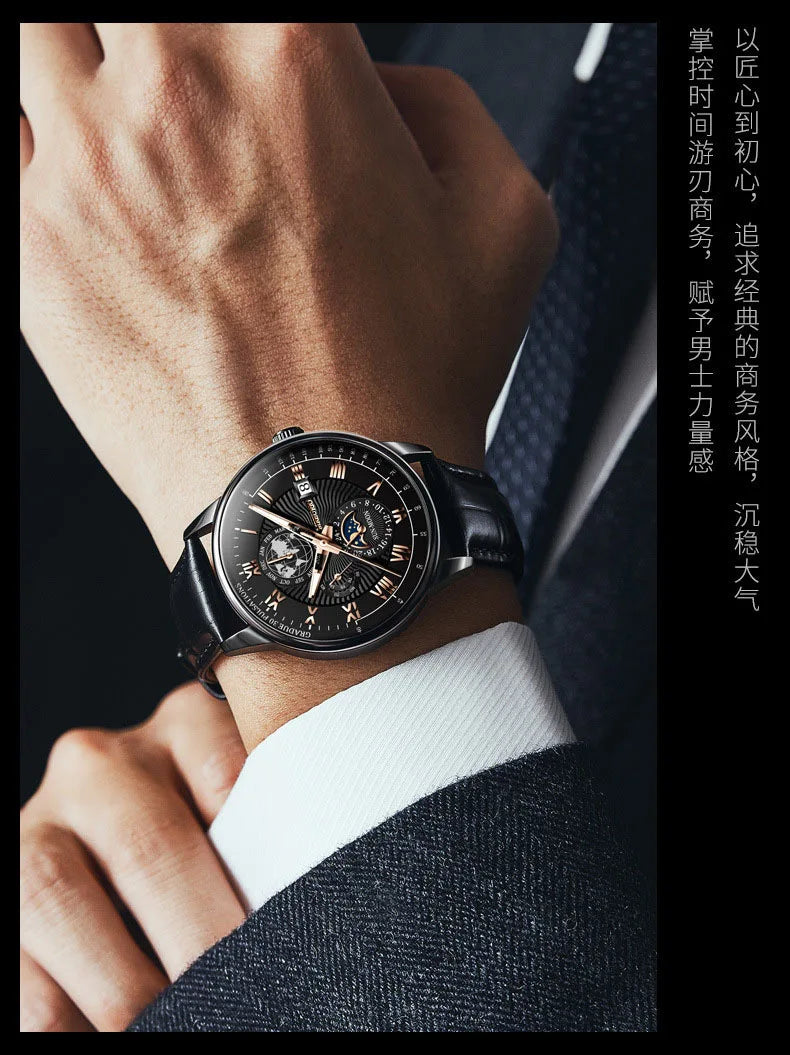 Reloj de Lujo para Hombre 2025 – Cronógrafo Cuarzo, Fase Lunar, Correa de Cuero, Estilo Deportivo & Casual