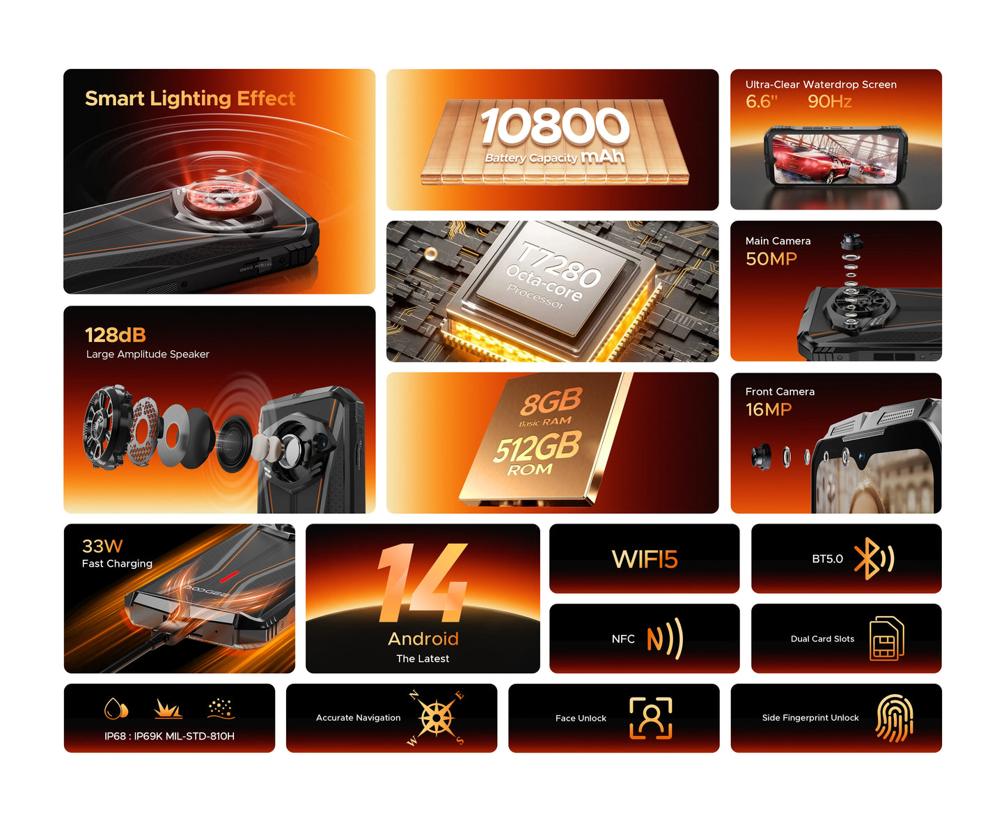 DOOGEE S Punk Pro Smartphone 6.6” FHD+ 90Hz – 32GB RAM (20GB+12GB), 512GB ROM, 10800mAh, Carga Rápida 33W, Cámara 50MP AI, Android 14