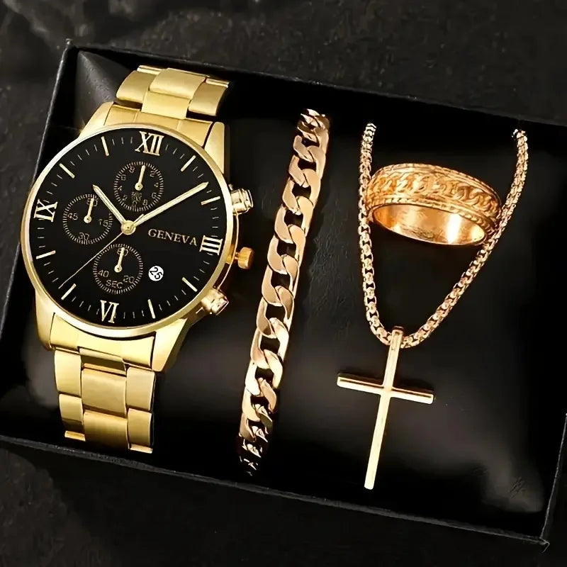 Set de Lujo 4 Piezas para Hombre – Reloj de Cuarzo Dorado + Pulsera + Collar con Cruz + Anillo