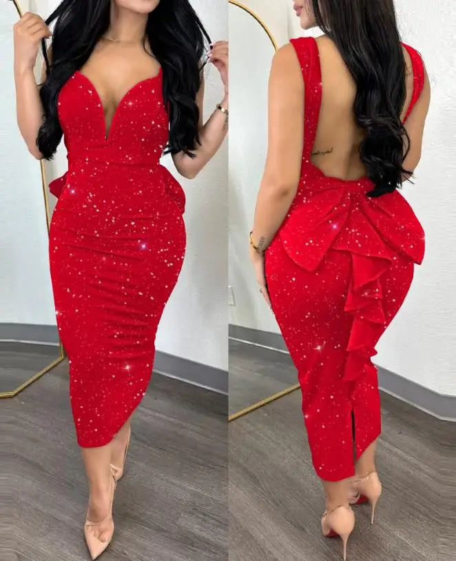 Vestido de Fiesta Elegante para Mujer – Sexy con Volantes y Espalda Descubierta
