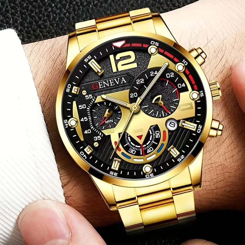 Set de Lujo 4 Piezas para Hombre – Reloj de Cuarzo Dorado + Pulsera + Collar con Cruz + Anillo
