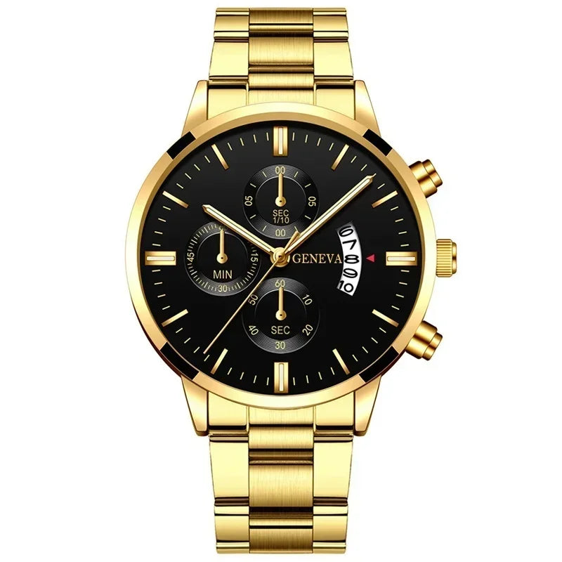 Set de Lujo 4 Piezas para Hombre – Reloj de Cuarzo Dorado + Pulsera + Collar con Cruz + Anillo