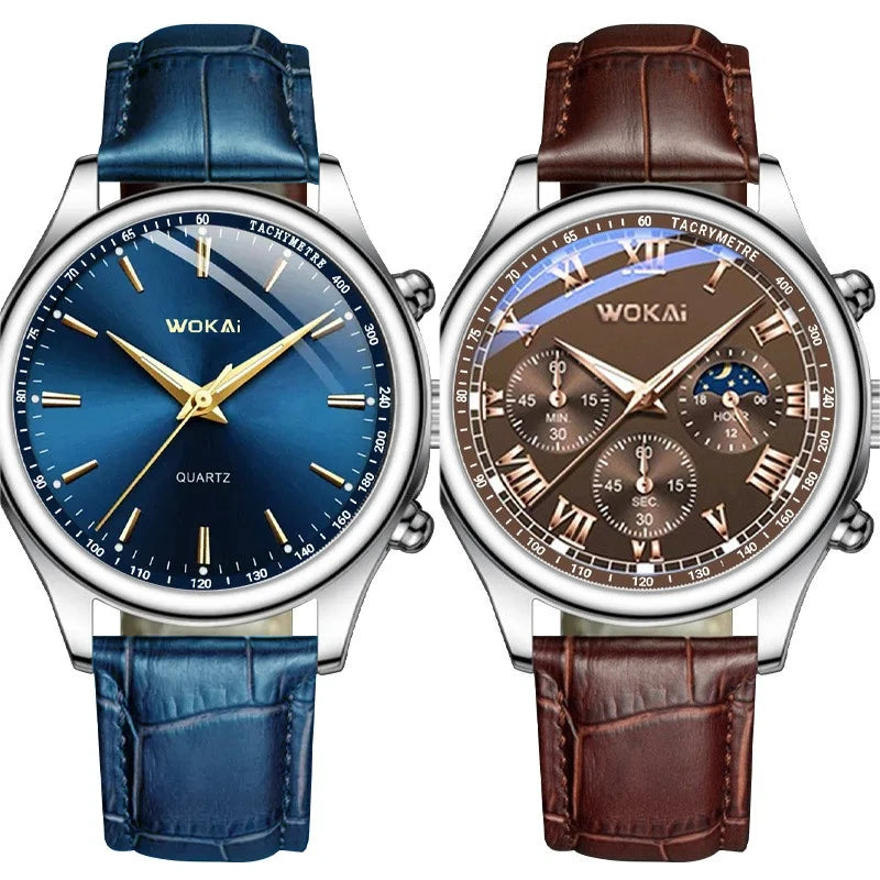 Reloj de Lujo para Hombre 2025 – Cronógrafo Cuarzo, Fase Lunar, Correa de Cuero, Estilo Deportivo & Casual