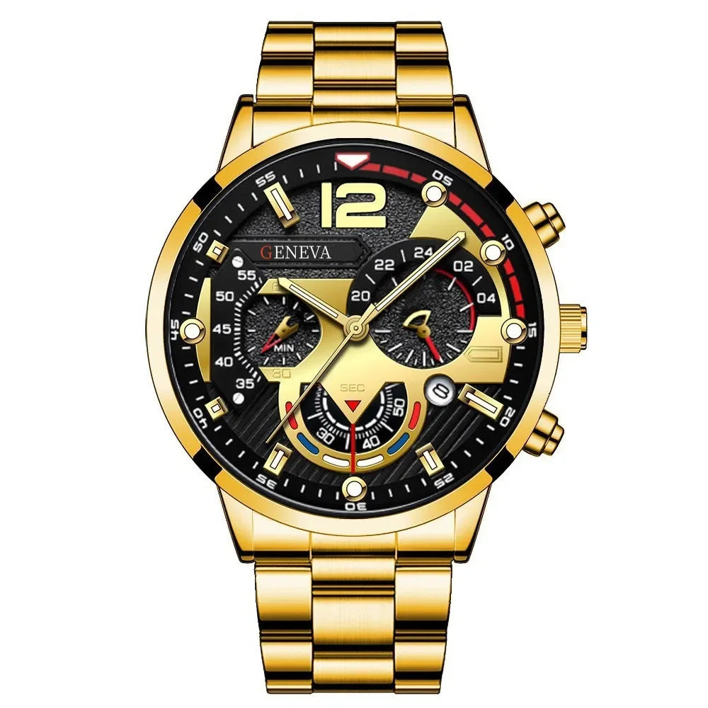 Set de Lujo 4 Piezas para Hombre – Reloj de Cuarzo Dorado + Pulsera + Collar con Cruz + Anillo