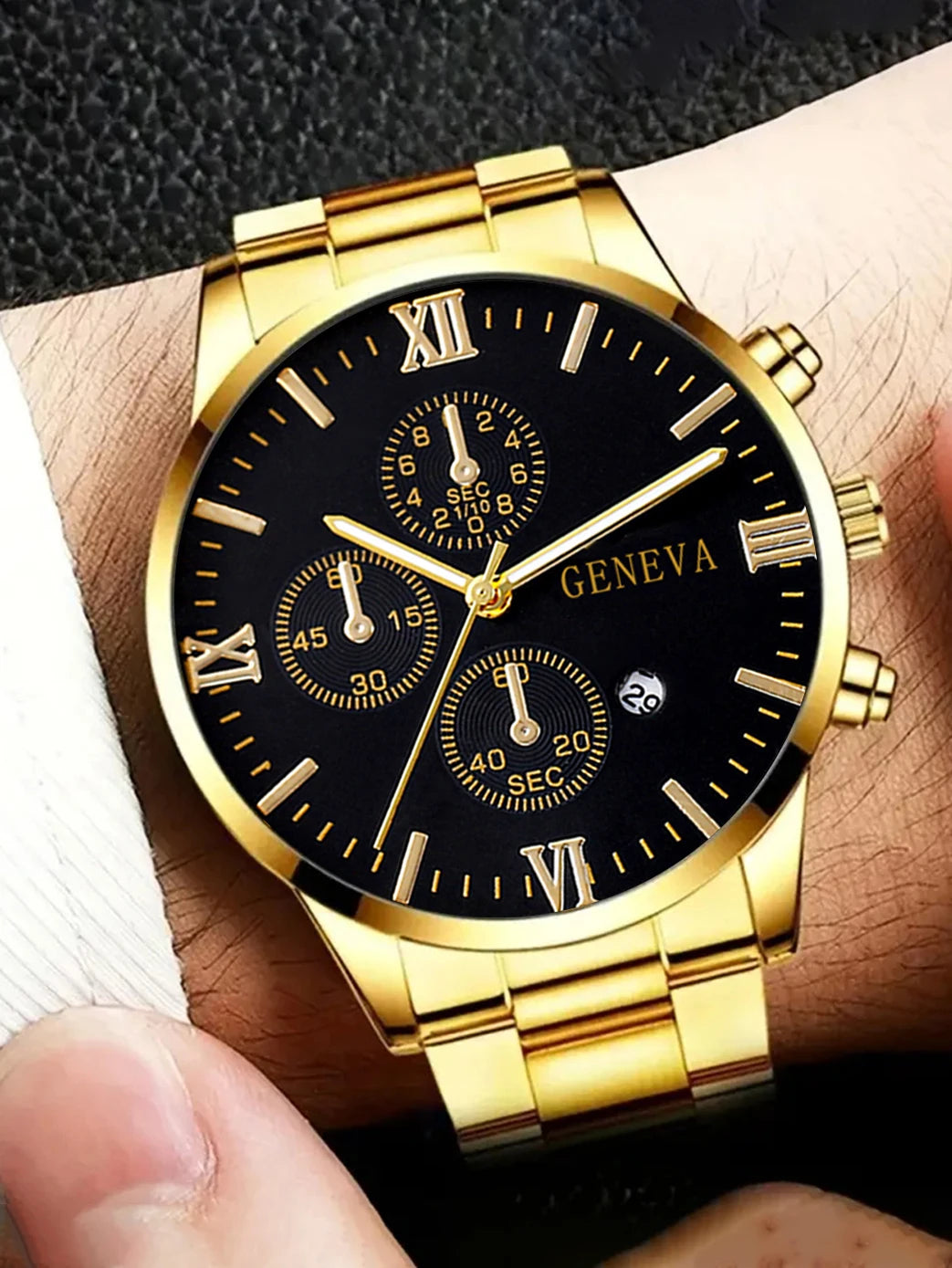 Set de Lujo 4 Piezas para Hombre – Reloj de Cuarzo Calendario + Pulsera + Collar con Cruz + Anillo