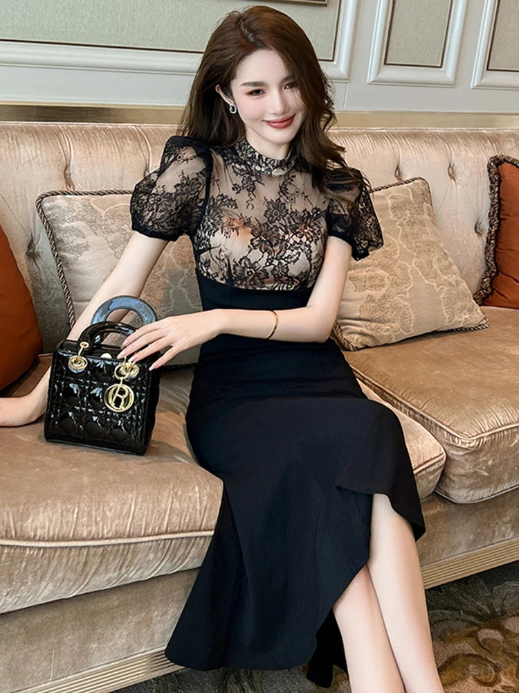 Vestido Largo Elegante para Mujer – Encaje Transparente y Corte Sirena