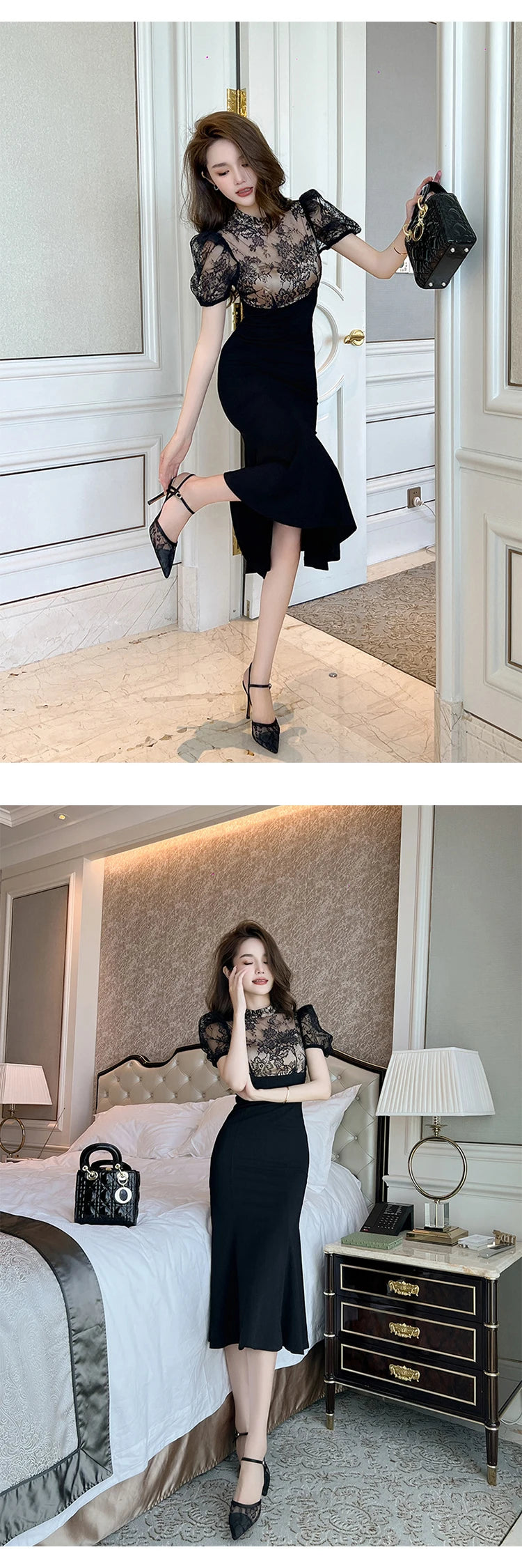 Vestido Largo Elegante para Mujer – Encaje Transparente y Corte Sirena