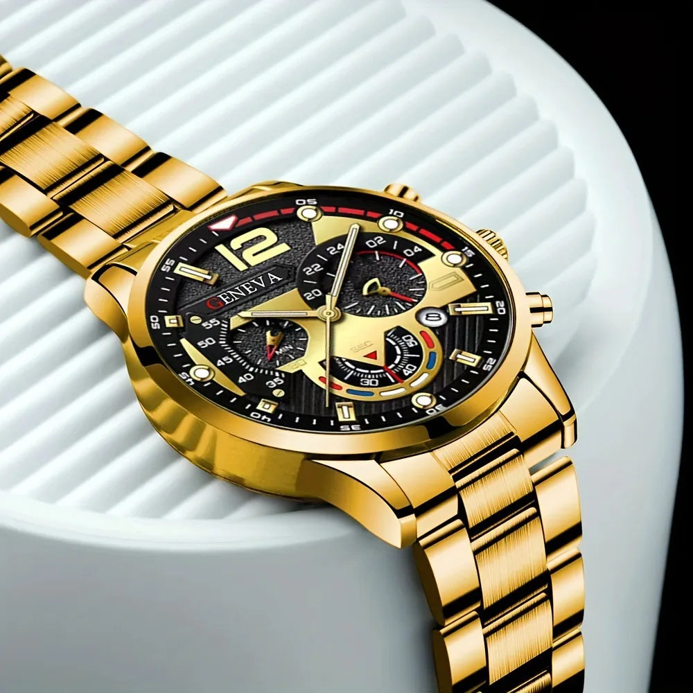 Set de Lujo 4 Piezas para Hombre – Reloj de Cuarzo Dorado + Pulsera + Collar con Cruz + Anillo