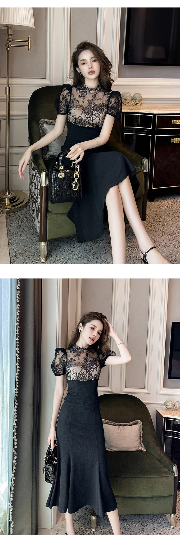 Vestido Largo Elegante para Mujer – Encaje Transparente y Corte Sirena