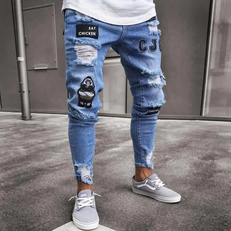Jeans Rotos Punk para Hombre – Skinny Slim Fit con Parche y Estilo Urbano