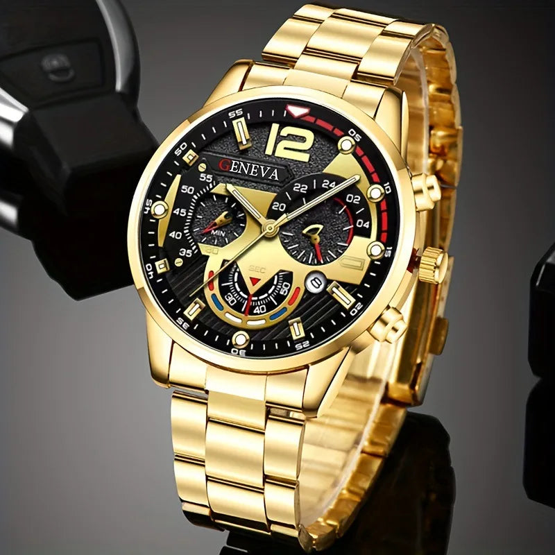 Set de Lujo 4 Piezas para Hombre – Reloj de Cuarzo Dorado + Pulsera + Collar con Cruz + Anillo