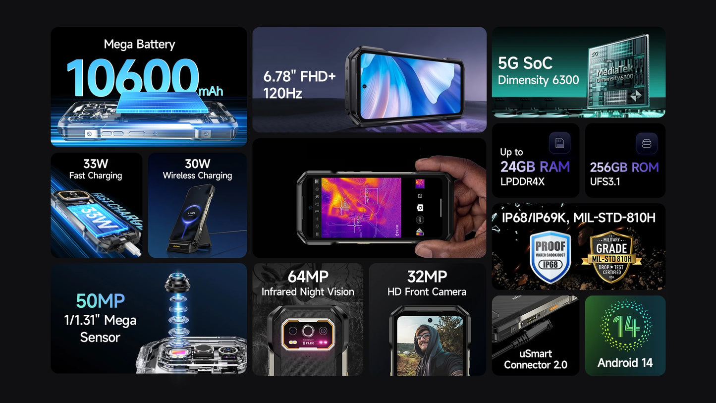 Ulefone Armor 27T Pro 5G – Smartphone Rugerizado 10600mAh, Android 14, 24GB+256GB, Cámara Térmica y Nocturna