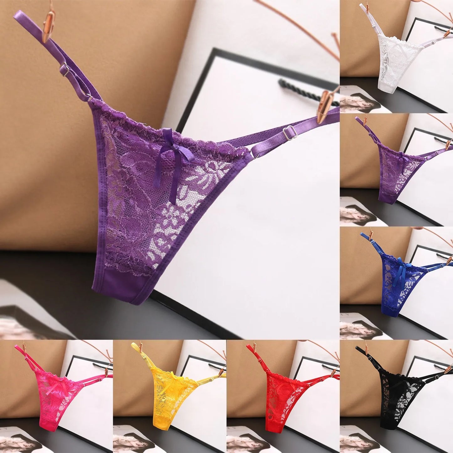 Tanga Sexy de Encaje para Mujer – Lencería Transparente con Moño