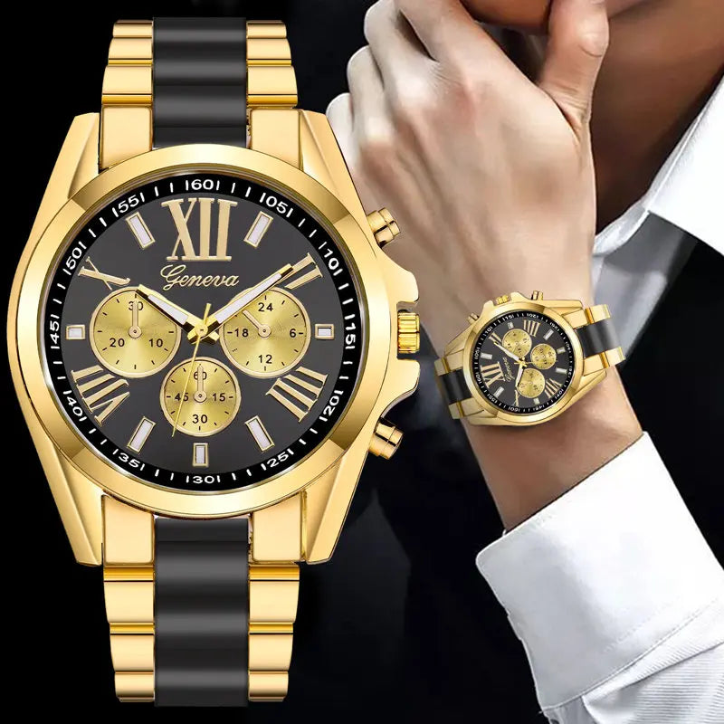 Reloj de Lujo para Hombre – Acero Inoxidable Dorado, Cuarzo Clásico, Estilo Negocios & Casual