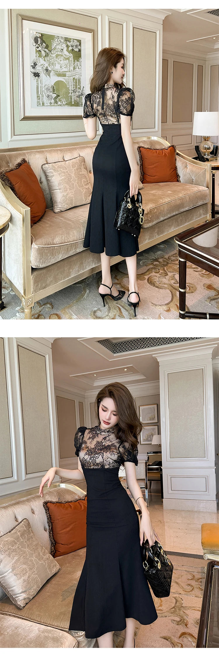 Vestido Largo Elegante para Mujer – Encaje Transparente y Corte Sirena