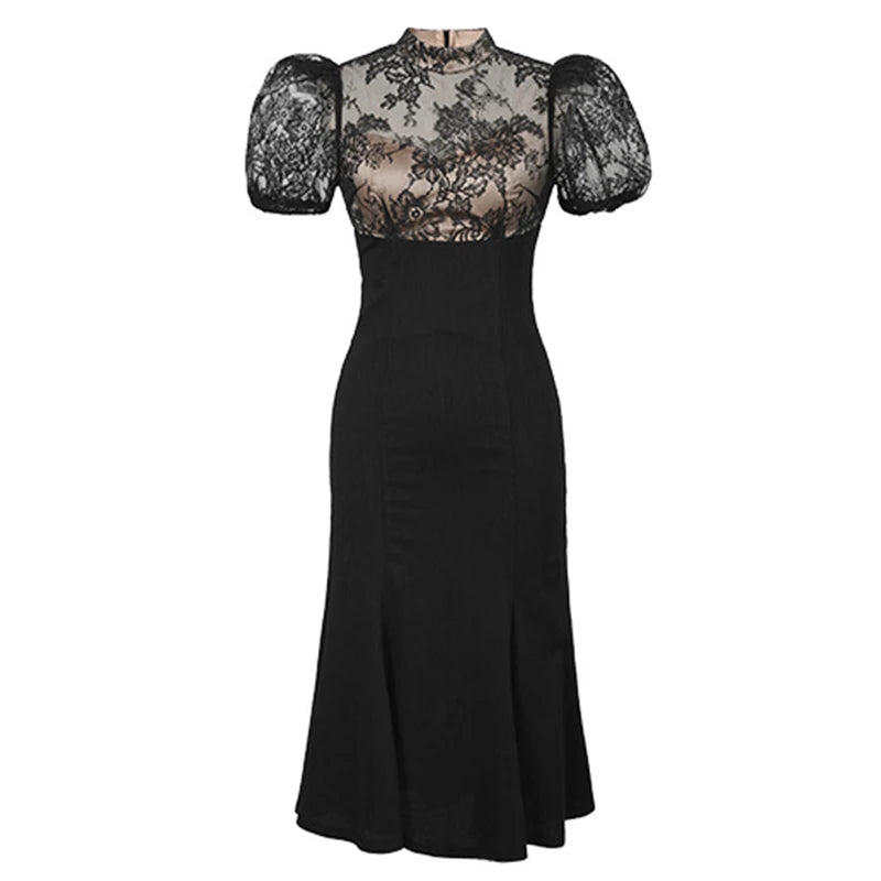 Vestido Largo Elegante para Mujer – Encaje Transparente y Corte Sirena