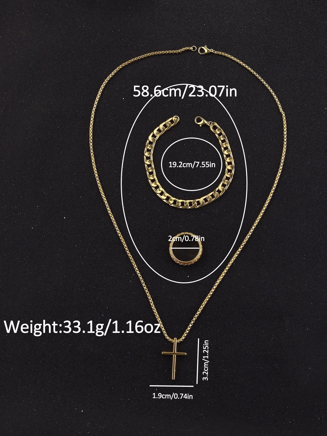 Set de Lujo 4 Piezas para Hombre – Reloj de Cuarzo Calendario + Pulsera + Collar con Cruz + Anillo