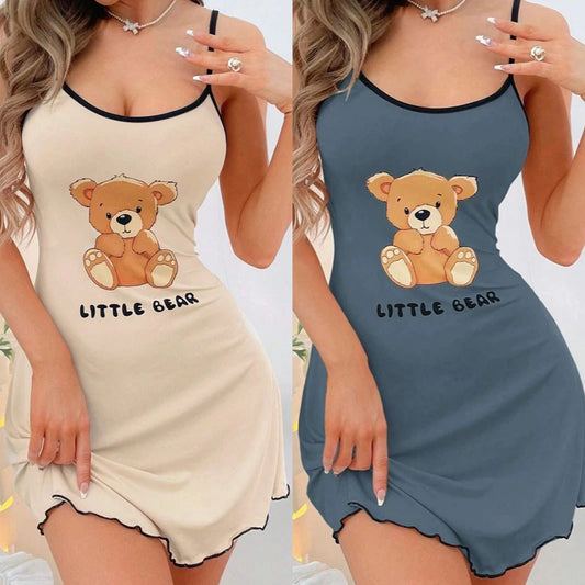Camisón de Tirantes para Mujer – Pijama Cómodo con Estampado de Osito 🐻