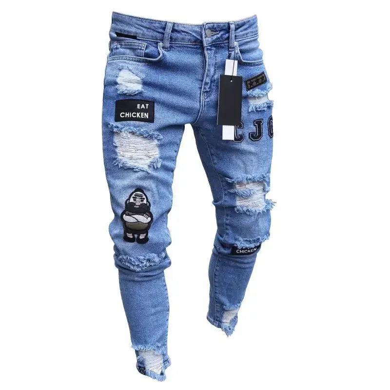 Jeans Rotos Punk para Hombre – Skinny Slim Fit con Parche y Estilo Urbano