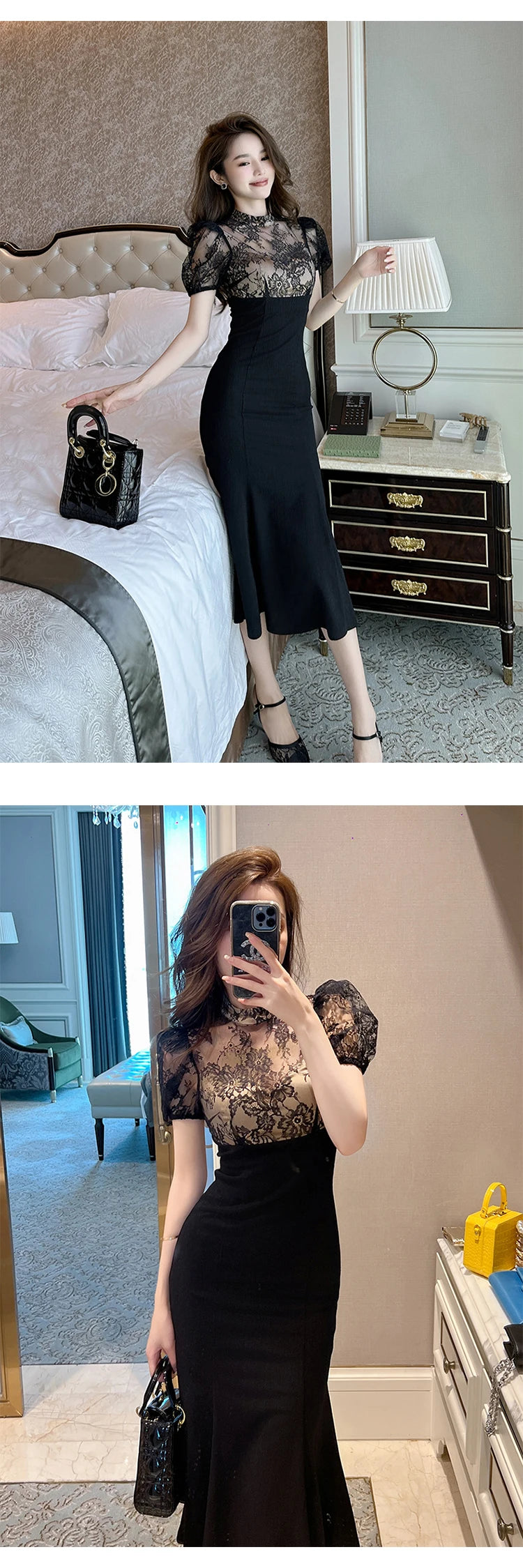 Vestido Largo Elegante para Mujer – Encaje Transparente y Corte Sirena