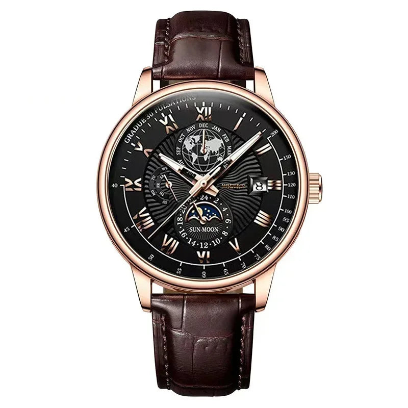 Reloj de Lujo para Hombre 2025 – Cronógrafo Cuarzo, Fase Lunar, Correa de Cuero, Estilo Deportivo & Casual