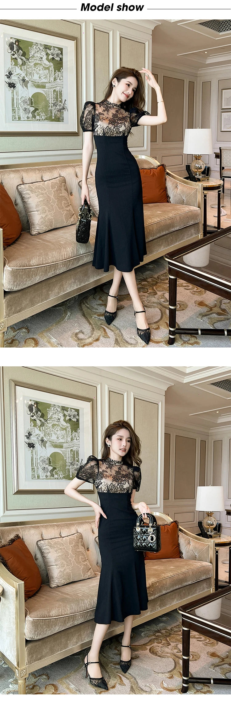 Vestido Largo Elegante para Mujer – Encaje Transparente y Corte Sirena