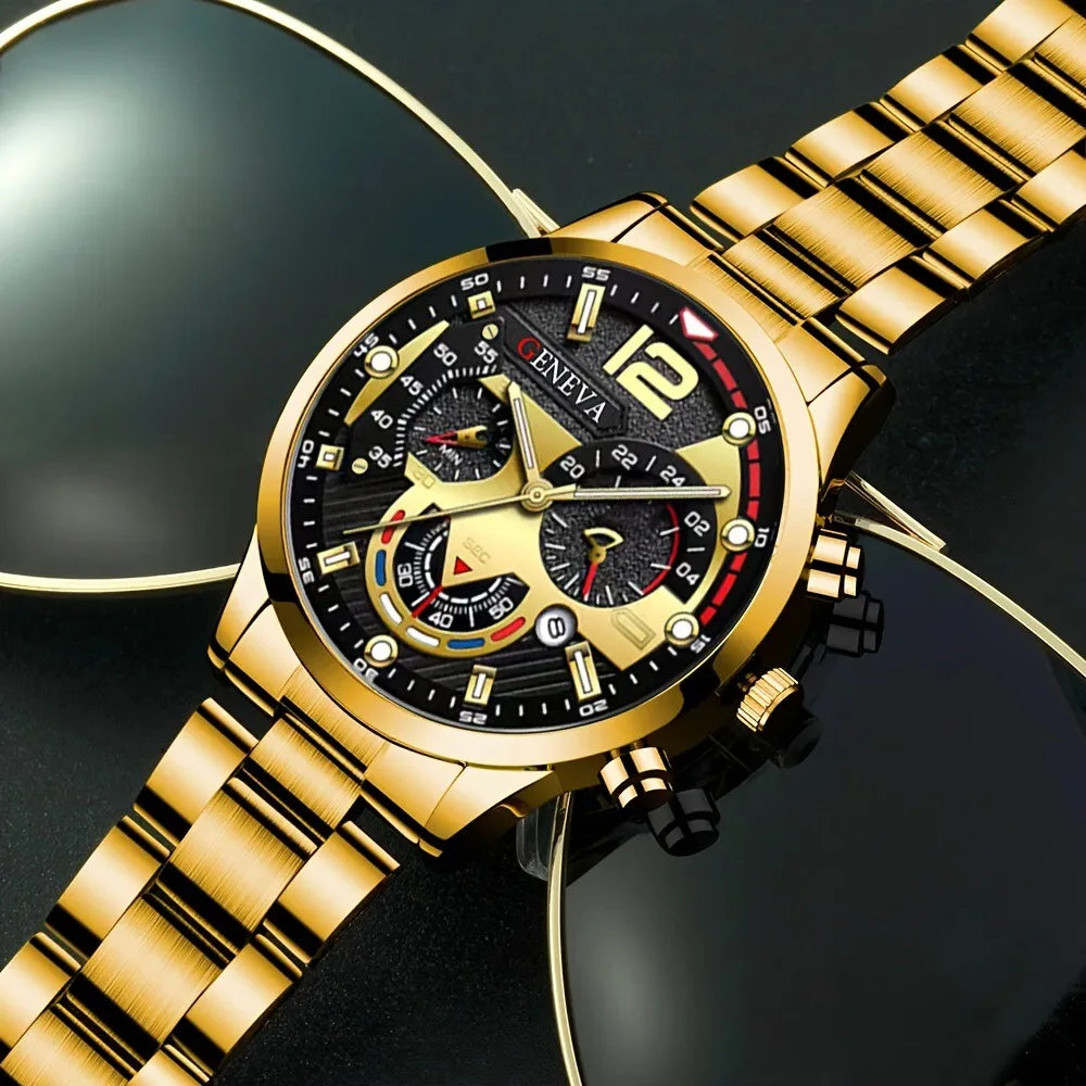 Set de Lujo 4 Piezas para Hombre – Reloj de Cuarzo Dorado + Pulsera + Collar con Cruz + Anillo