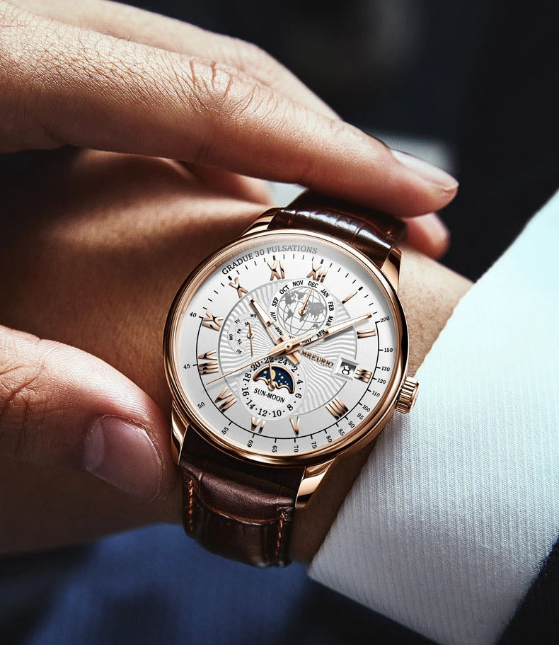 Reloj de Lujo para Hombre 2025 – Cronógrafo Cuarzo, Fase Lunar, Correa de Cuero, Estilo Deportivo & Casual