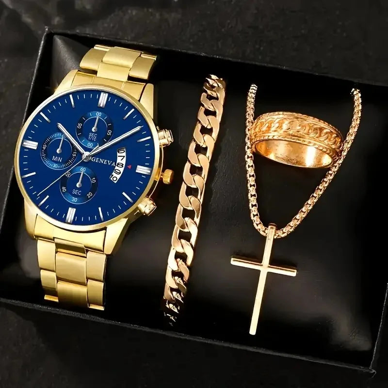 Set de Lujo 4 Piezas para Hombre – Reloj de Cuarzo Dorado + Pulsera + Collar con Cruz + Anillo