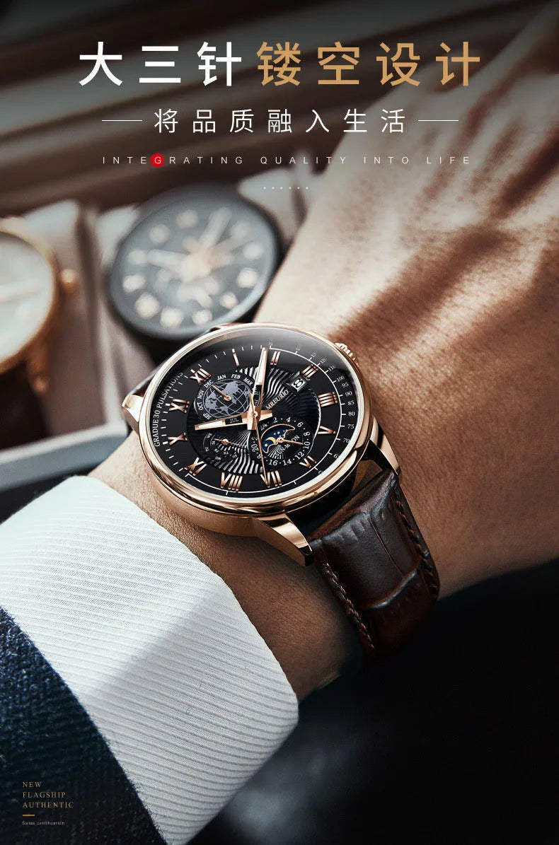 Reloj de Lujo para Hombre 2025 – Cronógrafo Cuarzo, Fase Lunar, Correa de Cuero, Estilo Deportivo & Casual