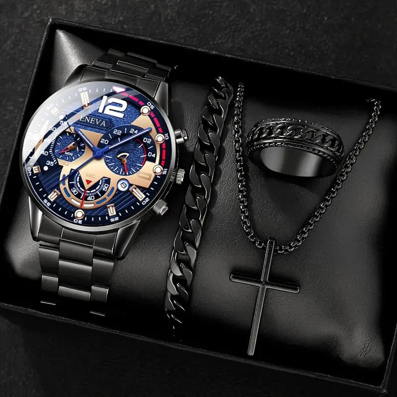 Set de Lujo 4 Piezas para Hombre – Reloj de Cuarzo Calendario + Pulsera + Collar con Cruz + Anillo