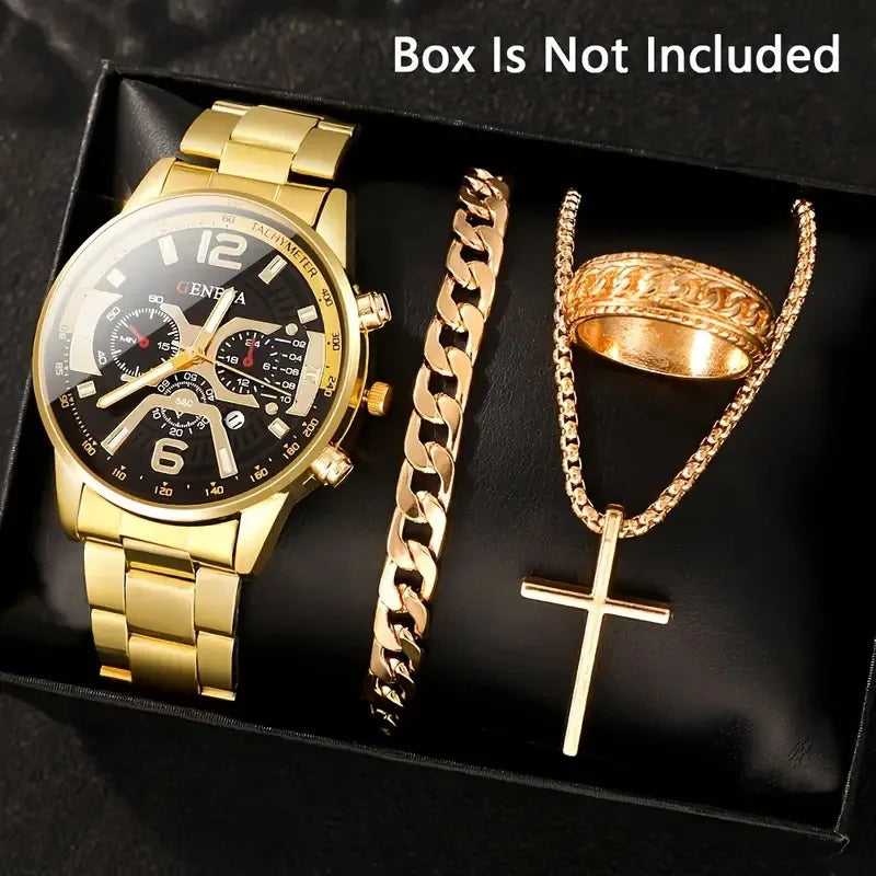 Set de Lujo 4 Piezas para Hombre – Reloj de Cuarzo Dorado + Pulsera + Collar con Cruz + Anillo