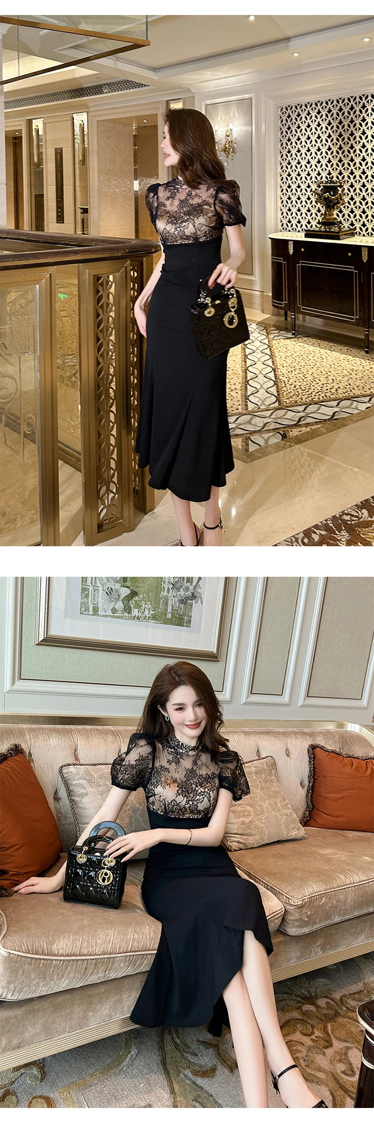 Vestido Largo Elegante para Mujer – Encaje Transparente y Corte Sirena