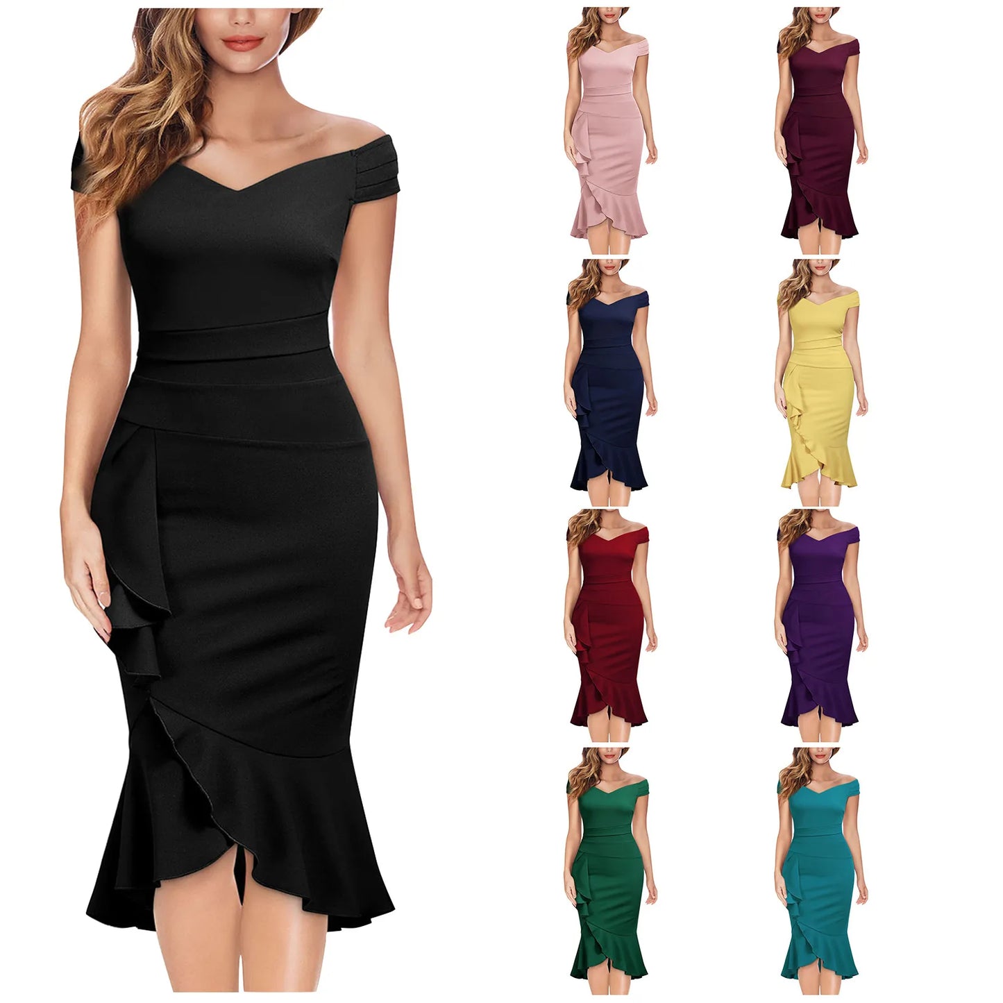 Vestido Elegante de Fiesta para Mujer – Off Shoulder con Volantes y Abertura Lateral